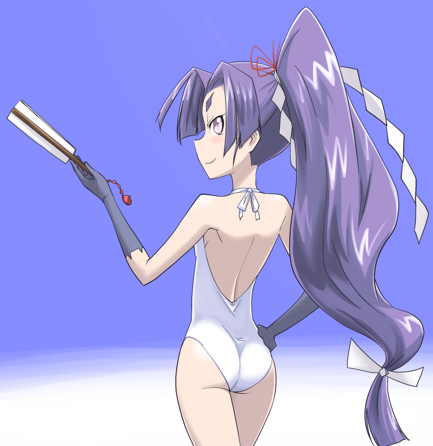 1girl ass eyebrows fan folding_fan gloves hair_ribbon hand_on_hip hatsuharu_(kantai_collection) iwatobi_hiro kantai_collection long_hair looking_at_viewer looking_back one-piece_swimsuit personification ponytail purple_hair ribbon short_eyebrows smile solo swimsuit thick_eyebrows very_long_hair violet_eyes white_swimsuit