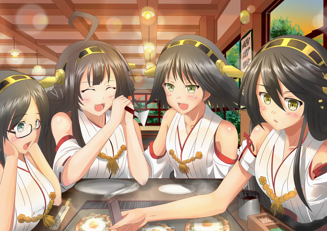 4girls bare_shoulders black_hair boots breasts brown_hair cleavage detached_sleeves hair_ornament hairband haruna_(kantai_collection) hiei_(kantai_collection) kantai_collection kirishima_(kantai_collection) kongou_(kantai_collection) large_breasts multiple_girls nontraditional_miko personification rinc7600