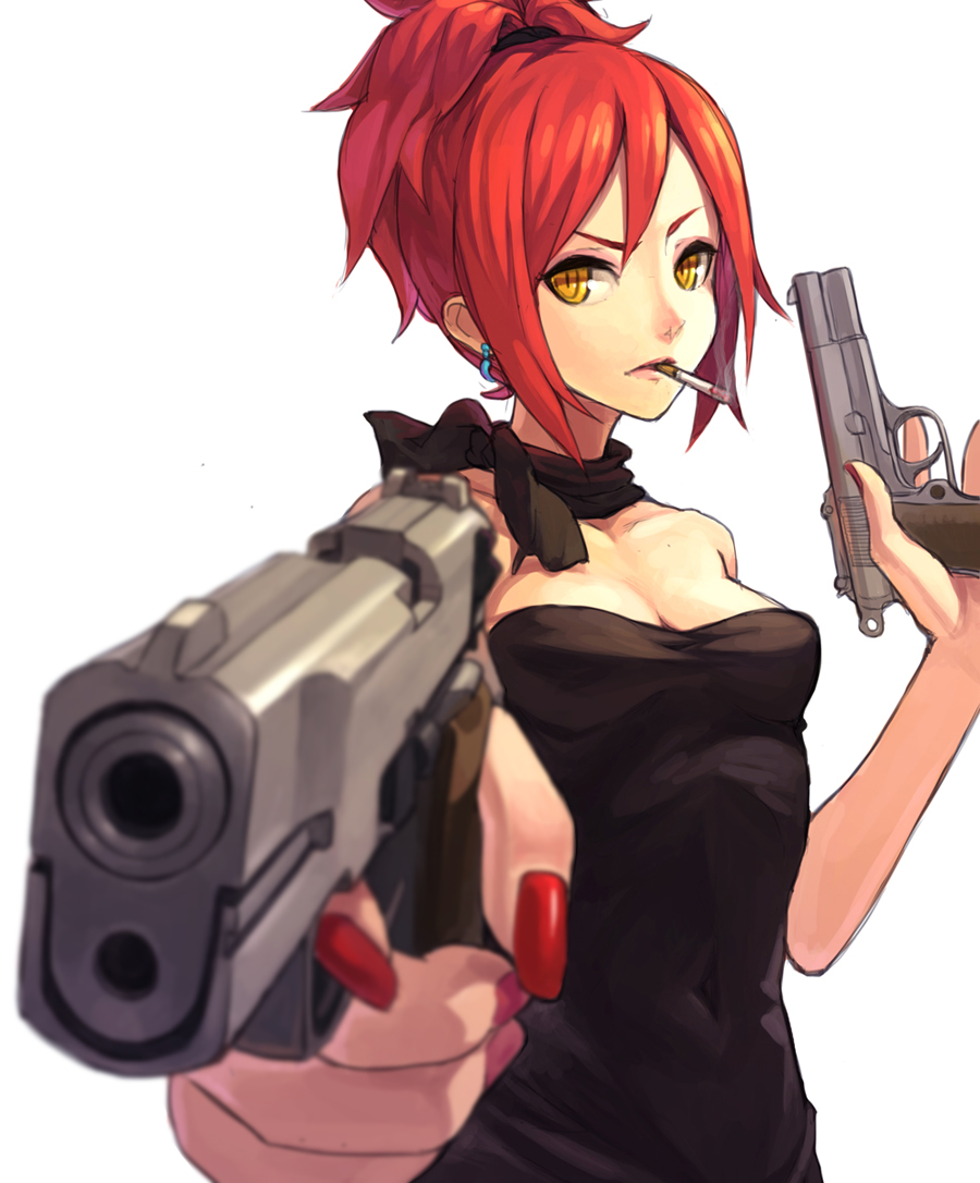 1girl aiming_at_viewer bare_arms bare_shoulders black_dress cigarette dress dual_wielding earrings fkey hand_gun jewelry looking_at_viewer neckerchief original ponytail red_fingernails redhead simple_background solo strapless_dress trigger_discipline weapon white_background yellow_eyes