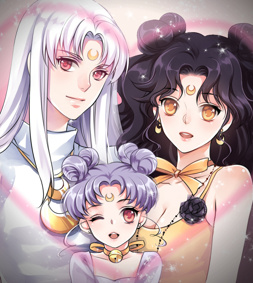 1boy 2girls artemis_(sailor_moon) bell bishoujo_senshi_sailor_moon black_hair choker crescent diana_(sailor_moon) facial_mark father_and_daughter fhalei flower forehead_mark hair_bun jewelry lavender_hair long_hair luna_(sailor_moon) mother_and_daughter multiple_girls necklace personification red_eyes short_hair smile white_hair wink yellow_eyes