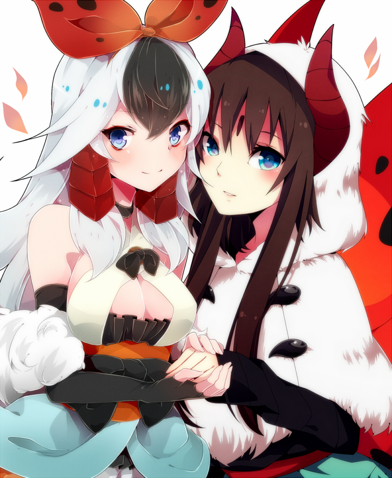 2girls black_hair blue_eyes breasts brown_hair cleavage cleavage_cutout dual_persona elbow_gloves facial_mark fingerless_gloves gloves hood horns long_hair looking_at_viewer multicolored_hair multiple_girls personification pokemon silver_hair smile takeshima_(nia) two-tone_hair volcarona