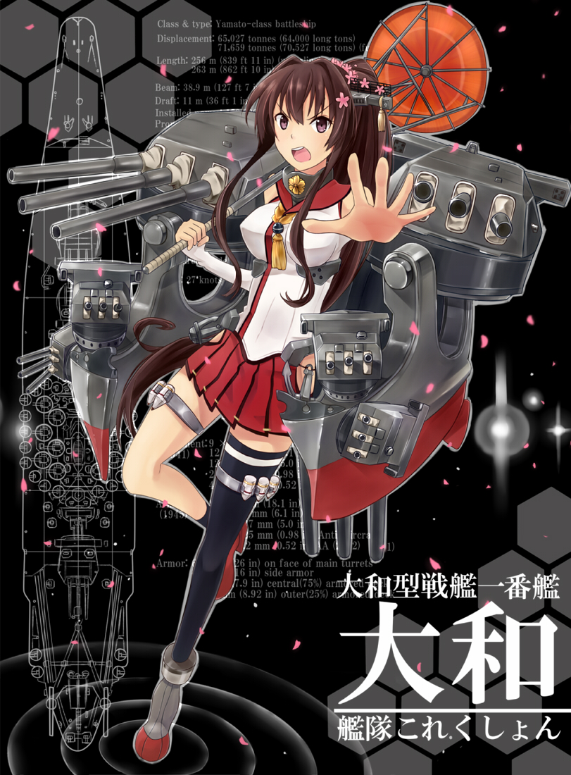 1girl brown_hair character_profile cherry_blossoms flower hair_flower hair_intakes hair_ornament honeycomb_background ido_(pixiv1101145) japanese_clothes kantai_collection long_hair looking_at_viewer open_mouth personification ponytail single_thighhigh solo thigh-highs thigh_strap umbrella yamato_(kantai_collection)