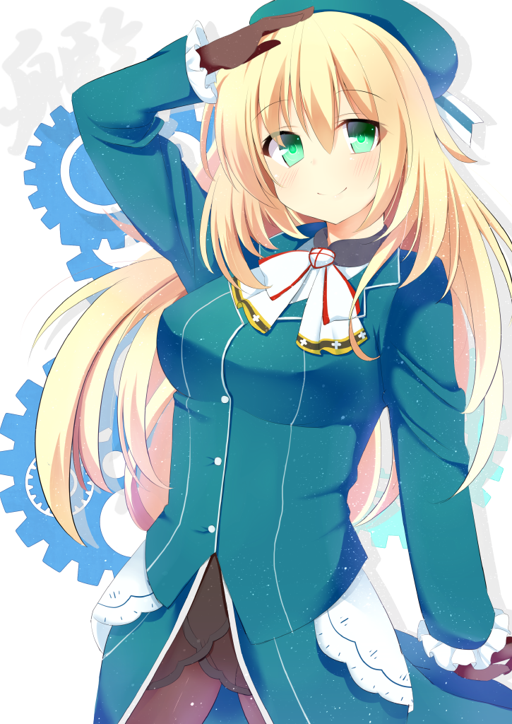 1girl atago_(kantai_collection) black_gloves blonde_hair breasts gears gloves green_eyes hat kantai_collection long_hair looking_at_viewer military military_uniform pantyhose personification salute smile solo uniform ura1011