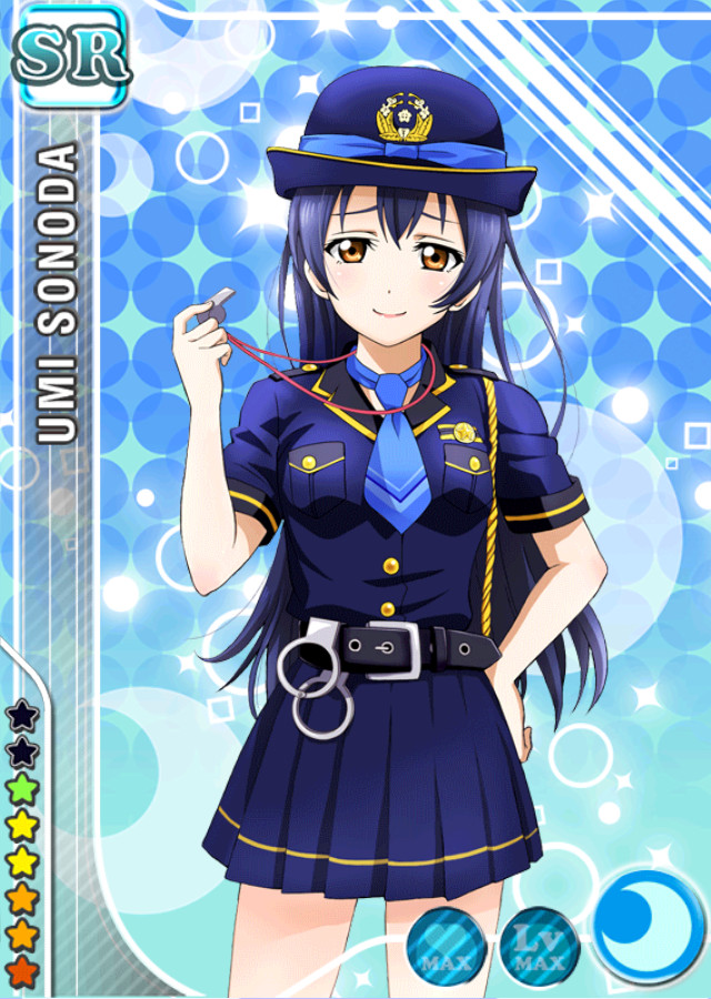 1girl blue_hair brown_eyes handcuffs hat long_hair love_live!_school_idol_project official_art police_officer smile solo sonoda_umi uniform whistle