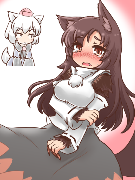2girls [] animal_ears blush breasts brown_eyes brown_hair chibi cosplay costume_switch detached_sleeves embarrassed fang hat imaizumi_kagerou inubashiri_momiji inubashiri_momiji_(cosplay) large_breasts long_hair multiple_girls open_mouth red_nails tail tears tokin_hat touhou white_hair wolf_ears wolf_tail