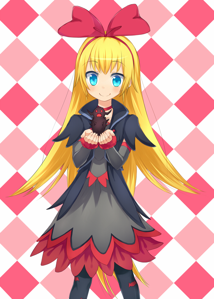 1girl bat_print black_legwear blonde_hair blue_eyes blush checkered checkered_background chiroru_(7450n) dokidoki!_precure father_and_daughter hairband king_jikochuu long_hair minimized precure red_ribbon regina_(dokidoki!_precure) ribbon smile