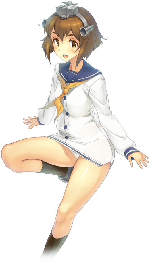 1girl black_legwear brown_eyes brown_hair kantai_collection open_mouth panties personification school_uniform serafuku short_hair simple_background small_breasts smile solo underwear white_background white_panties yn_red yukikaze_(kantai_collection)
