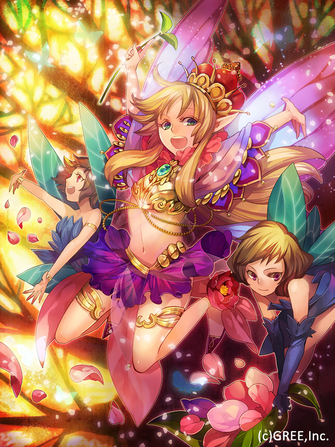 3girls blonde_hair copyright_request crown fairy fairy_wings flower green_eyes hair_ornament kyouka_hatori long_hair multiple_girls open_mouth petals pointy_ears skirt wand wings