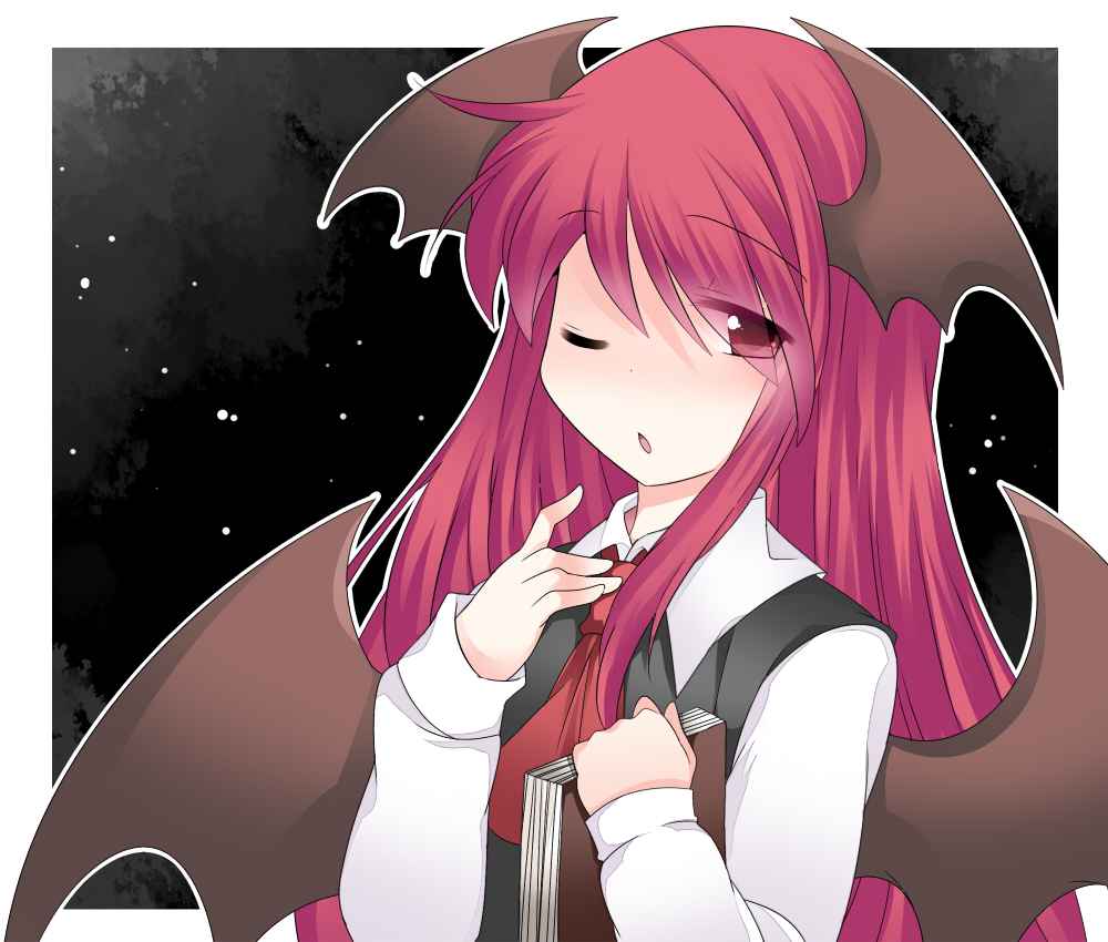 1girl ;o ascot bat_wings book bust chestnut_mouth commentary_request dress_shirt hammer_(sunset_beach) head_wings holding holding_book koakuma long_hair long_sleeves looking_at_viewer open_mouth outline red_eyes redhead shirt sky solo star_(sky) starry_sky touhou very_long_hair vest wings wink