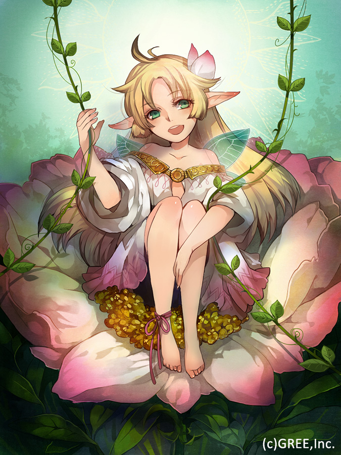 1girl bare_shoulders blonde_hair copyright_request dress flower green_eyes hair_ornament kyouka_hatori long_hair open_mouth pointy_ears sitting smile solo vines