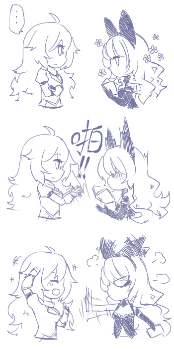 2girls angry blake_belladonna book bow comic flower gauntlets hair_bow hsiang_ning long_hair monochrome multiple_girls reading rwby speech_bubble surprised yang_xiao_long