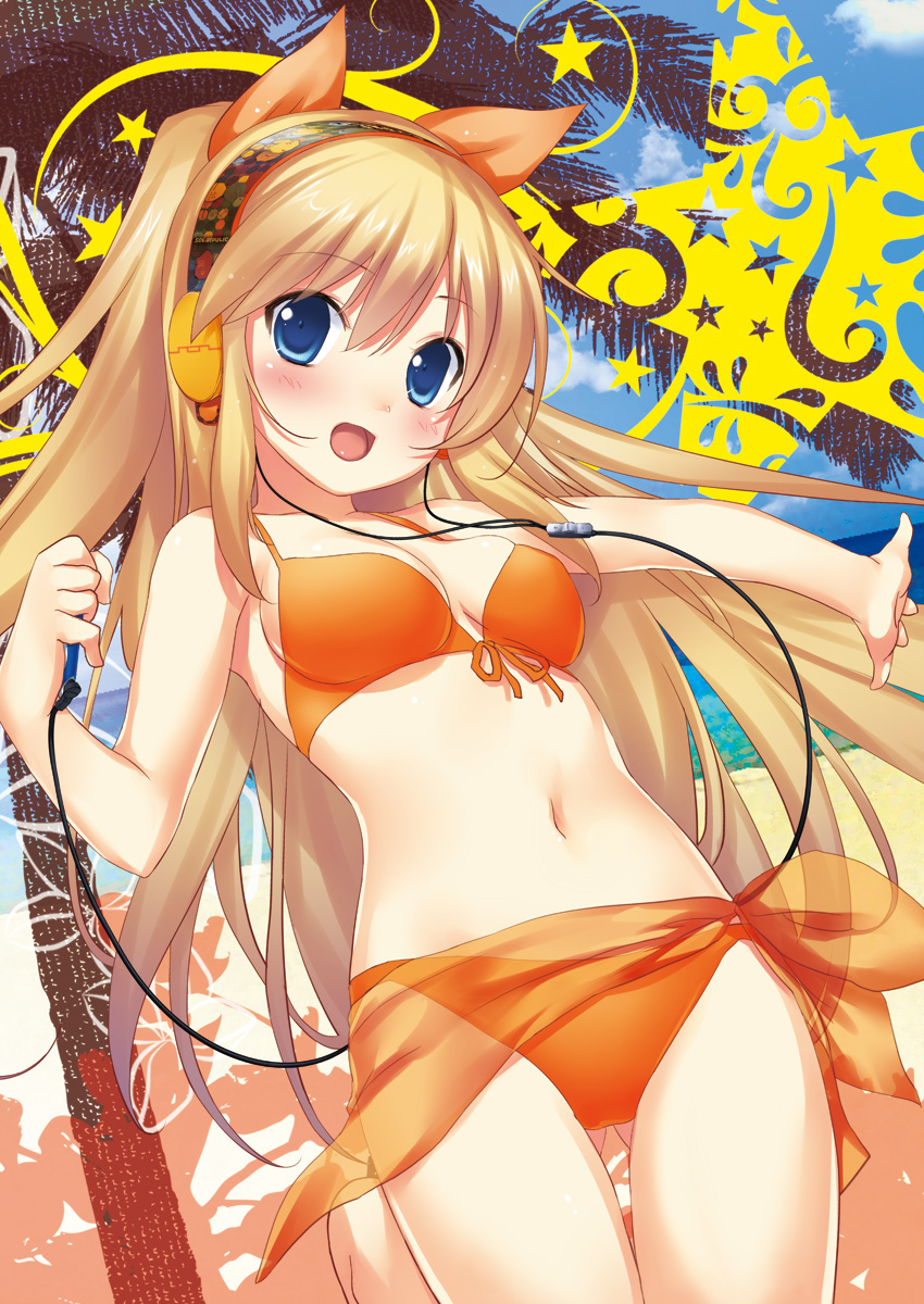 1girl 47agdragon beach bikini blonde_hair blue_eyes blush breasts digital_media_player headphones highres long_hair navel open_mouth original outstretched_arm palm_tree see-through solo star swimsuit tree