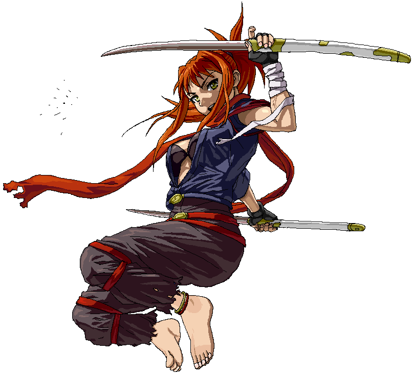 1girl alternate_costume anklet artist_request barefoot bra dual_wielding feet fighting_stance fingerless_gloves gloves jewelry katana long_hair midriff my-hime oekaki open_clothes open_shirt ponytail redhead scarf sugiura_midori sword torn_clothes torn_pants transparent_background underwear weapon wrist_wraps
