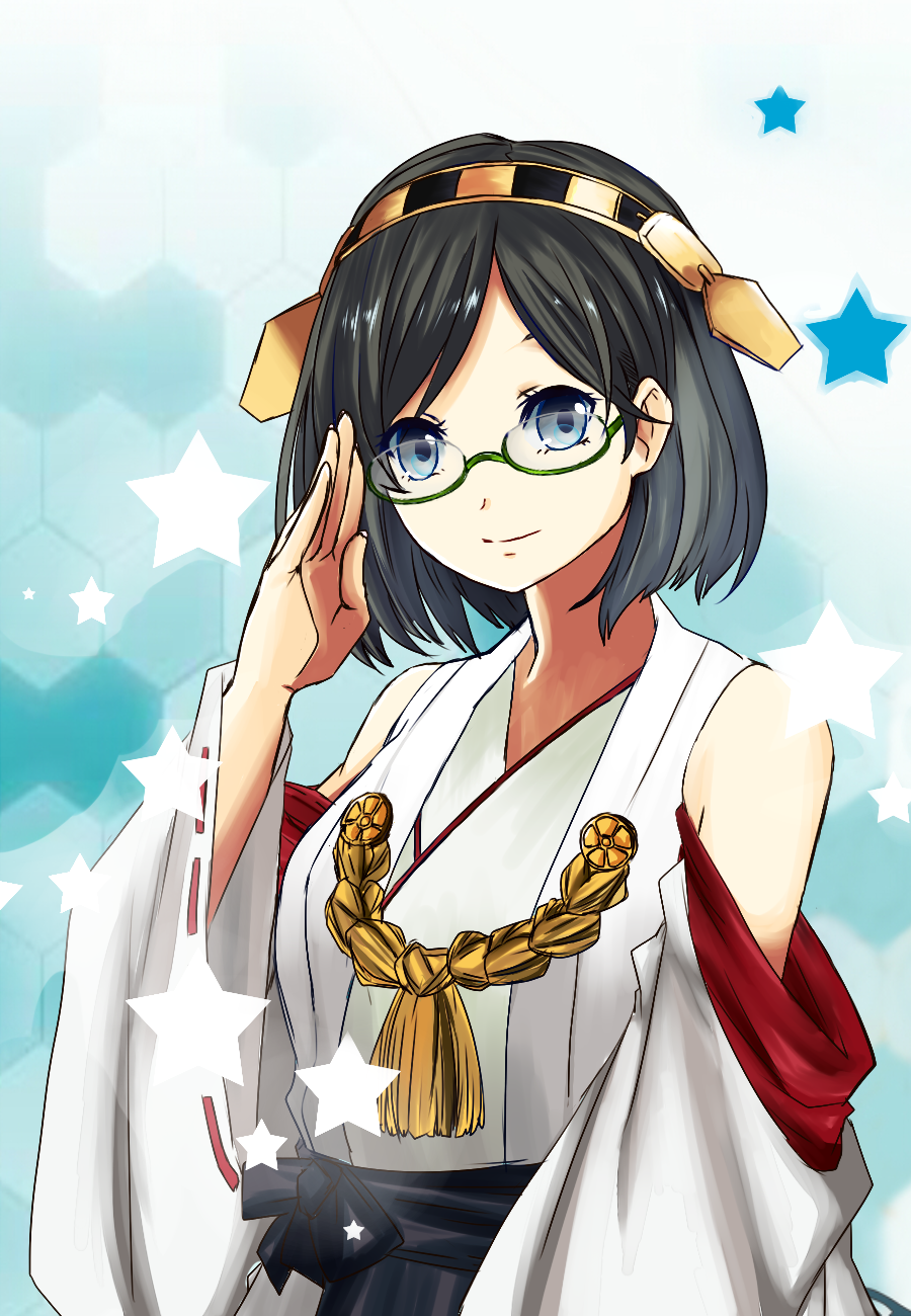 1girl blue_eyes detached_sleeves glasses hairband highres hiyori-1108 japanese_clothes kantai_collection kirishima_(kantai_collection) looking_at_viewer personification salute short_hair smile solo star