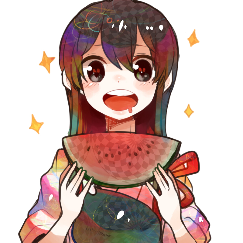 1girl akagi_(kantai_collection) brown_eyes brown_hair food fruit heart heart-shaped_pupils japanese_clothes kantai_collection long_hair muneate open_mouth personification ringetsumon smile solo sparkle symbol-shaped_pupils watermelon