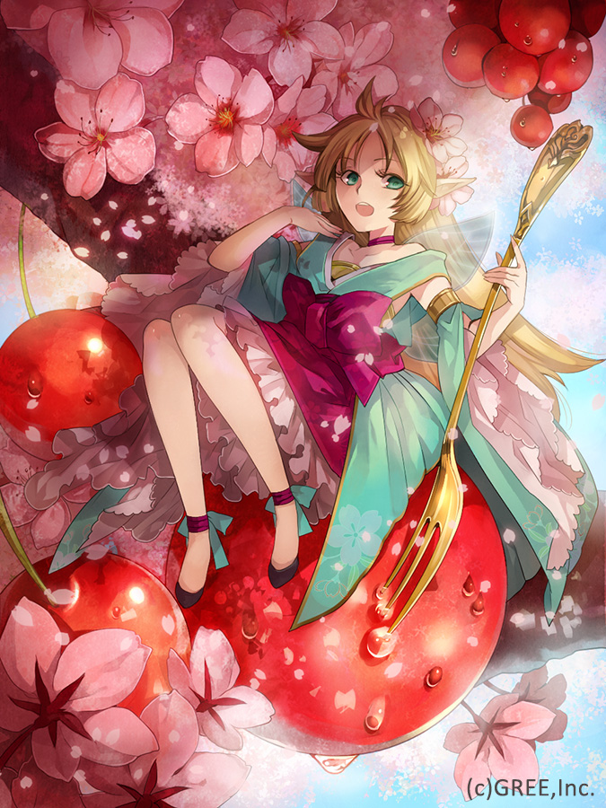 1girl blonde_hair copyright_request food fork fruit green_eyes hair_ornament kyouka_hatori long_hair open_mouth pointy_ears sitting solo