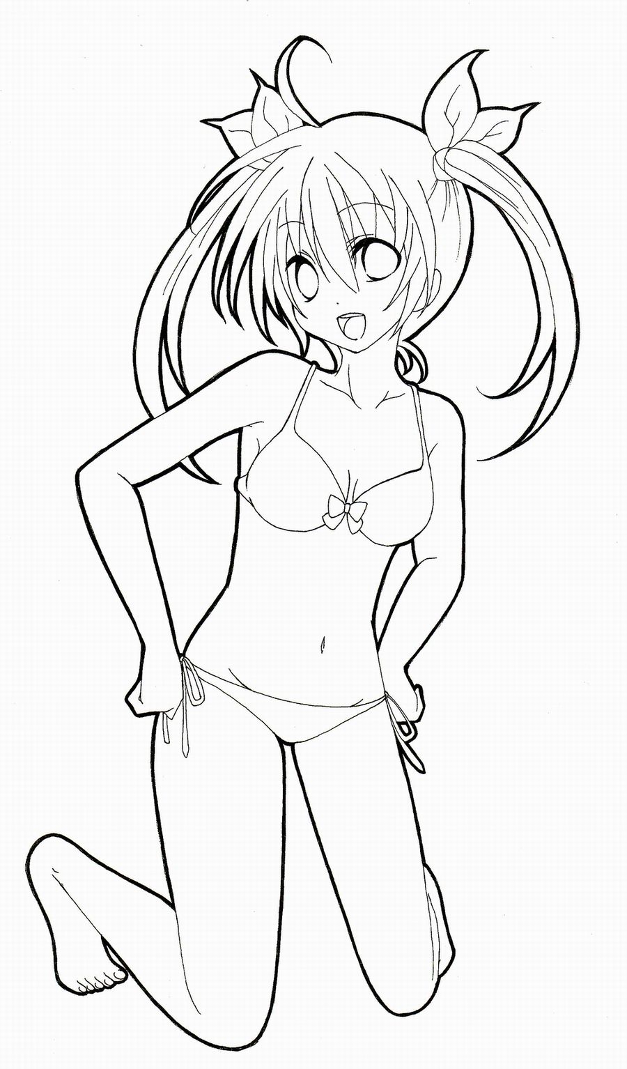 1girl bikini breasts highres lineart looking_at_viewer monochrome open_mouth original shiropuni smile solo swimsuit twintails