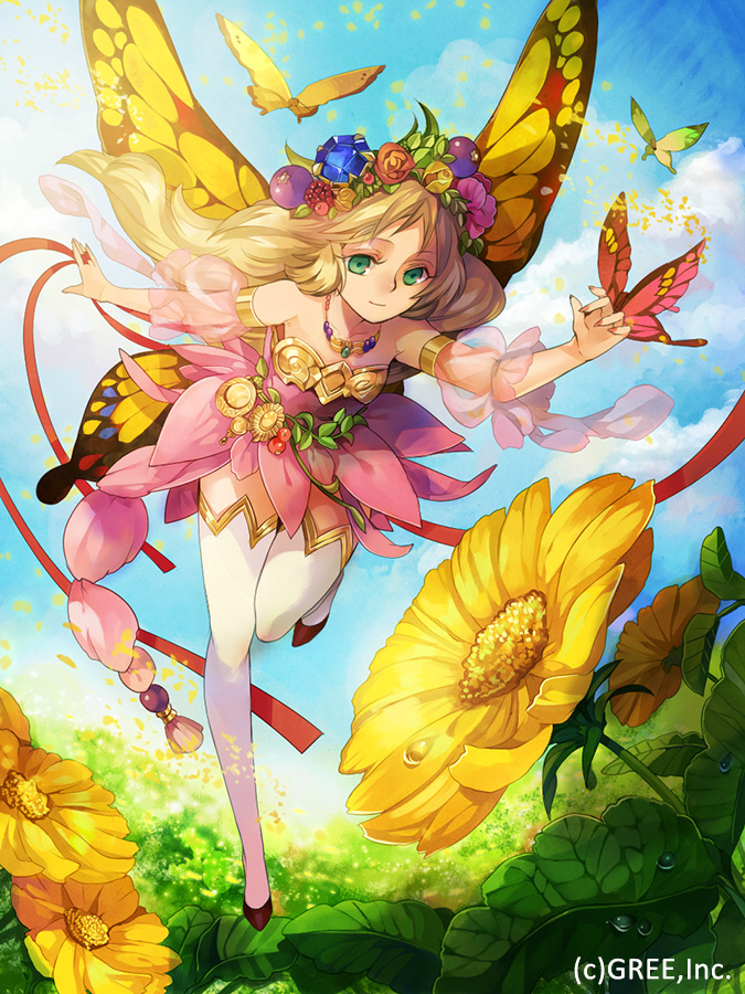 1girl bare_shoulders blonde_hair butterfly copyright_request dress flower green_eyes hair_ornament kyouka_hatori long_hair pointy_ears smile solo sunflower thigh-highs