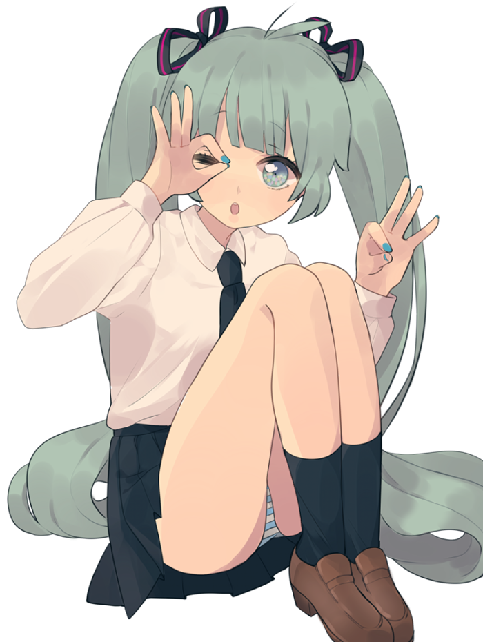 1girl aqua_eyes aqua_hair hatsune_miku long_hair necktie panties pantyshot ribbon solo twintails underwear uttao vocaloid wince