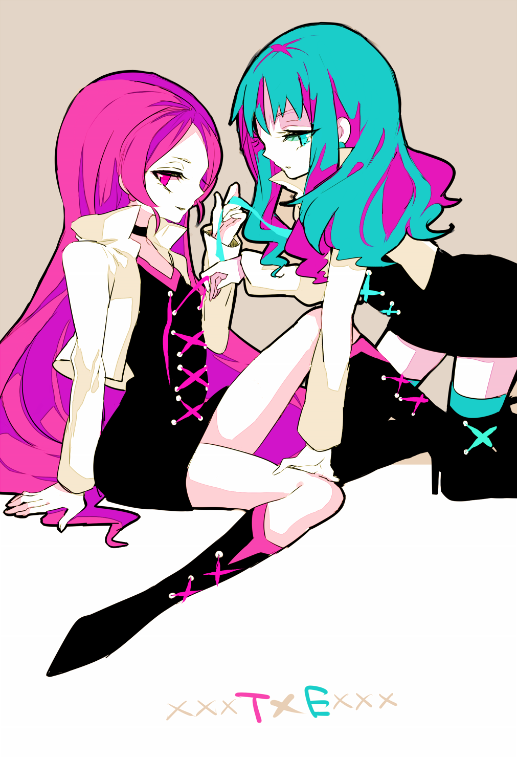 2girls aqua_eyes aqua_hair black_dress boots couple cure_blossom_mirage cure_marine_mirage dress hanasaki_tsubomi hand_on_thigh heartcatch_precure! highres kneeling kurumi_erika long_hair multiple_girls pink_eyes pink_hair precure seductive_smile sitting thigh-highs untying yuri yuucho_(cololal) zettai_ryouiki