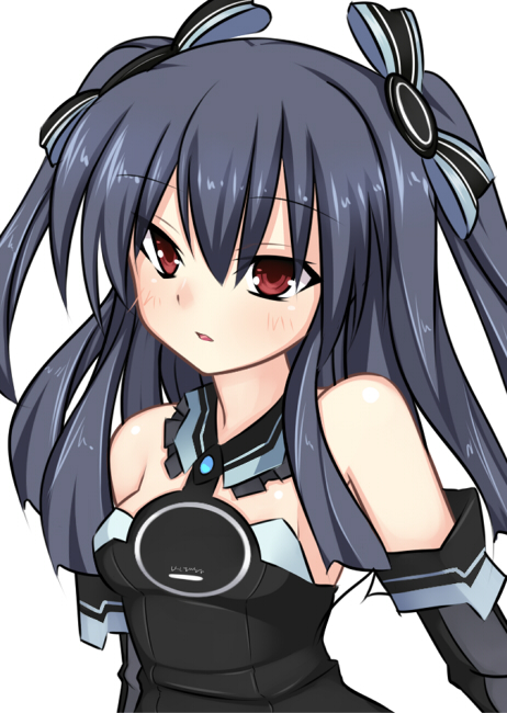 1girl bare_shoulders black_hair blush bow choujigen_game_neptune choujigen_game_neptune_mk2 elbow_gloves gloves hair_bow parted_lips red_eyes simple_background solo twintails two_side_up uni_(choujigen_game_neptune)