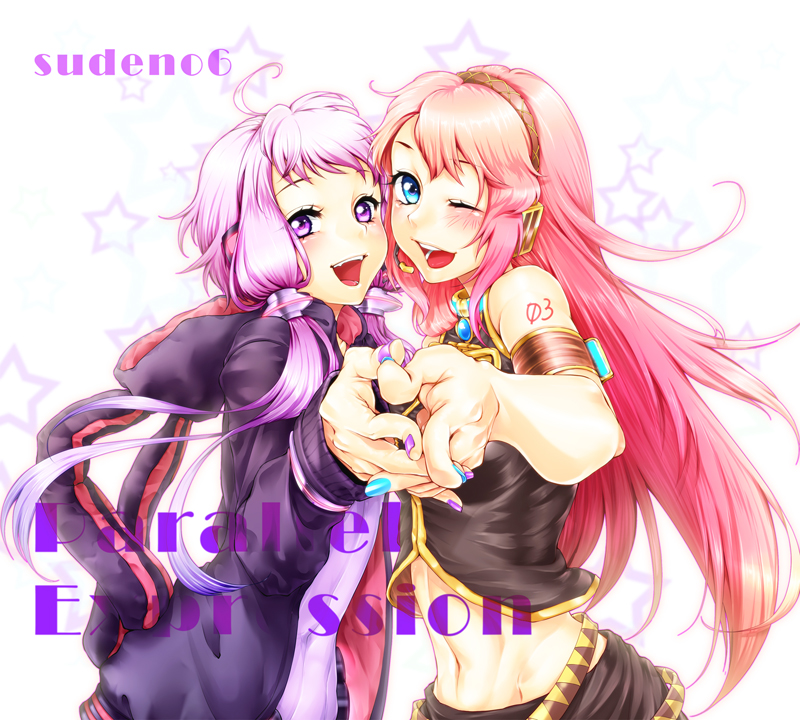 2girls :d blue_eyes hands hands_together headphones hooded_jacket long_hair long_sleeves low_twintails megurine_luka multiple_girls nail_polish neziiro open_mouth pink_hair purple_hair sleeveless smile star twintails violet_eyes vocaloid wink yuzuki_yukari