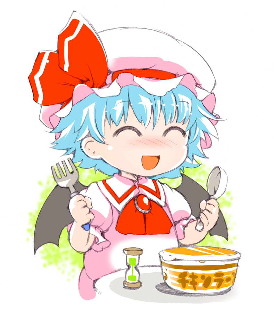 1girl :d bat_wings blue_eyes blue_hair brooch child closed_eyes dress food fork hat hat_ribbon hourglass ichizen_(o_tori) jewelry mob_cap noodles open_mouth pink_dress ramen remilia_scarlet ribbon smile solo spoon touhou wings young