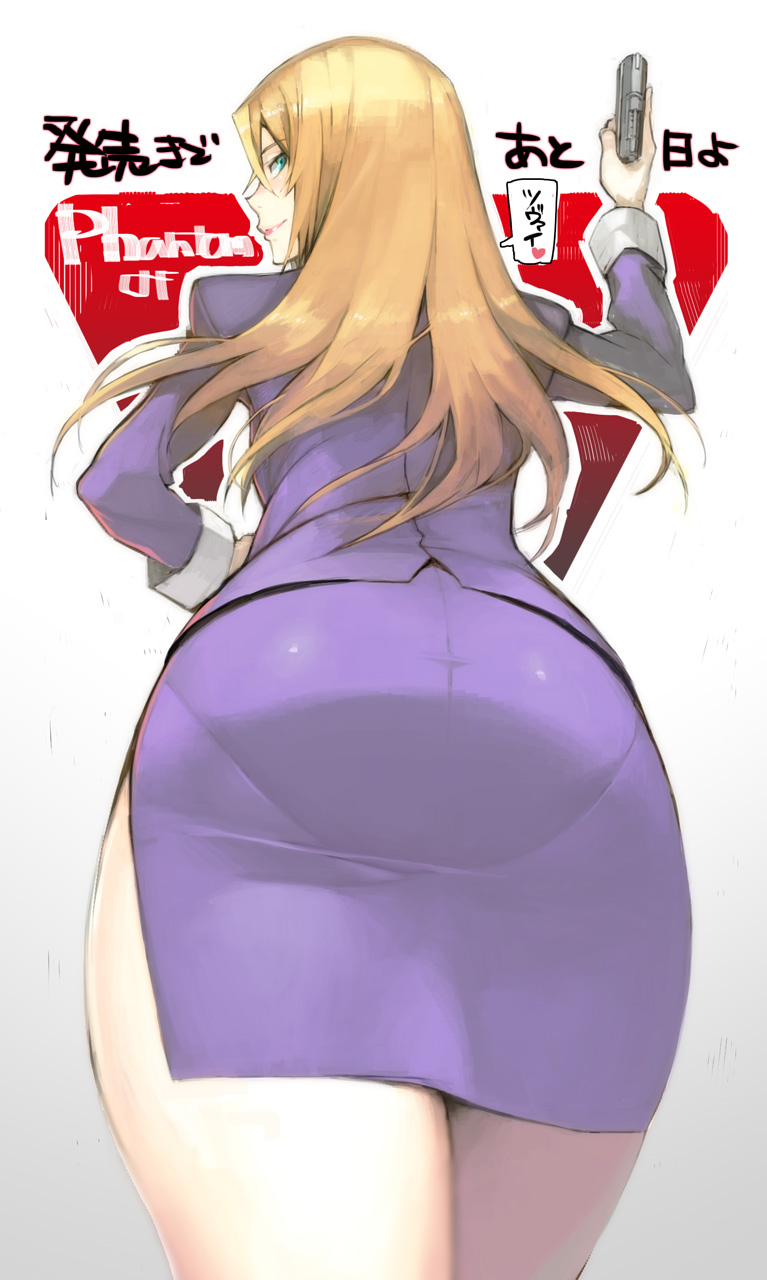 1girl ass blonde_hair business_suit claudia_mccunnen gradient gradient_background green_eyes hand_on_hip highres long_hair looking_at_viewer namaniku_atk pantylines phantom_of_inferno smile solo thighs translation_request