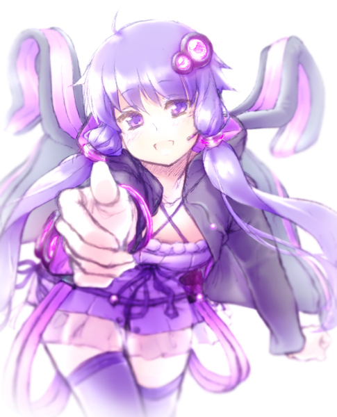1girl blurry depth_of_field low_twintails okaemon outstretched_hand purple_hair solo twintails violet_eyes vocaloid yuzuki_yukari