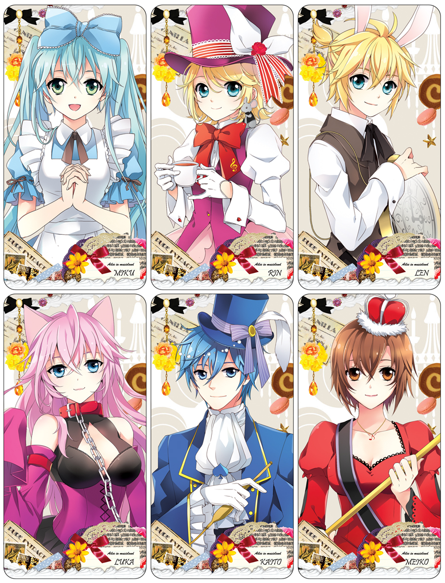 alice_in_musicland_(vocaloid) animal_ears blue_eyes cat_ears cat_tail cheshire_cat cup hat hatsune_miku kagamine_len kagamine_rin kaito long_hair mad_hatter mca_(dessert_candy) megurine_luka meiko open_mouth pink_hair short_hair smile tail teacup