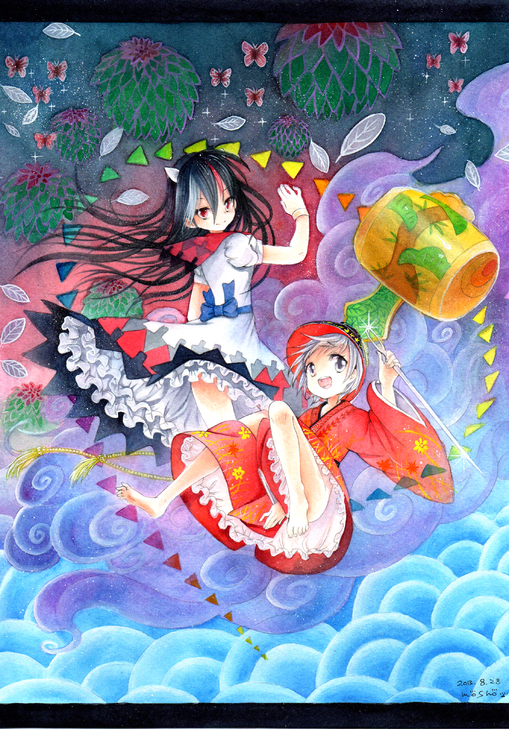 2girls barefoot bow bowl butterfly clouds dress frills hat highres horns japanese_clothes kijin_seija kimono leaf long_hair looking_back mallet mosho multicolored_hair multiple_girls needle open_mouth puffy_sleeves purple_hair red_eyes seigaiha short_hair smile sukuna_shinmyoumaru touhou triangle violet_eyes wristband