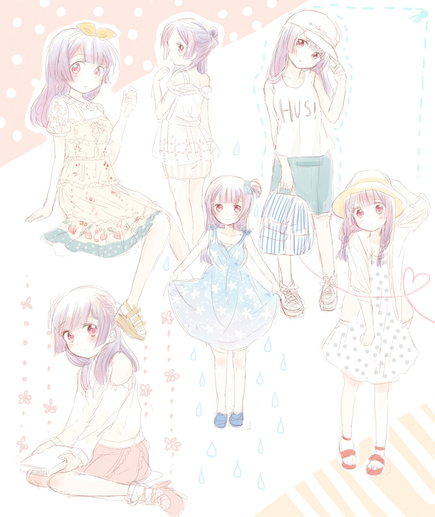 braid casual dotted_outline dress dress_lift ginga_e_kickoff!! hair_ribbon hand_on_hat hat nuka polka_dot polka_dot_dress print_dress ribbon saionji_reika_(ginga_e_kickoff!!) sandals shoes sketch twin_braids water_drop