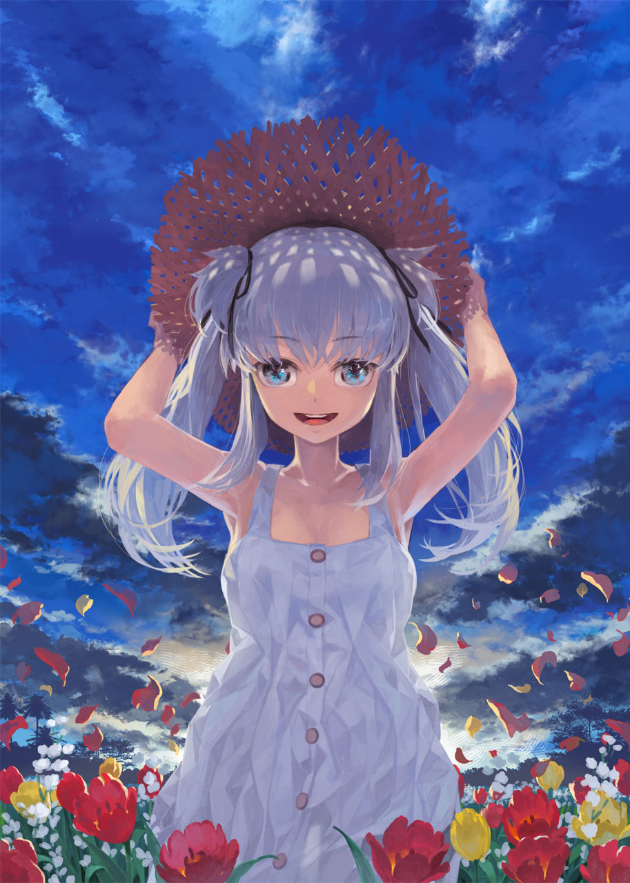 1girl alternate_costume armpits bare_shoulders blue_eyes dress flower hands_on_hat hat highres looking_at_viewer mabinogi nao solo straw_hat sundress toro tulip twintails white_hair