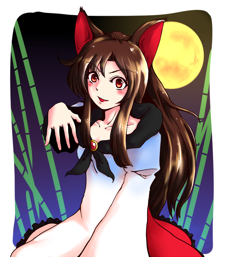 1girl animal_ears bamboo bone brooch brown_hair collarbone dress fang full_moon imaizumi_kagerou jewelry long_hair long_sleeves moon open_mouth red_eyes smile solo toluda touhou wolf_ears