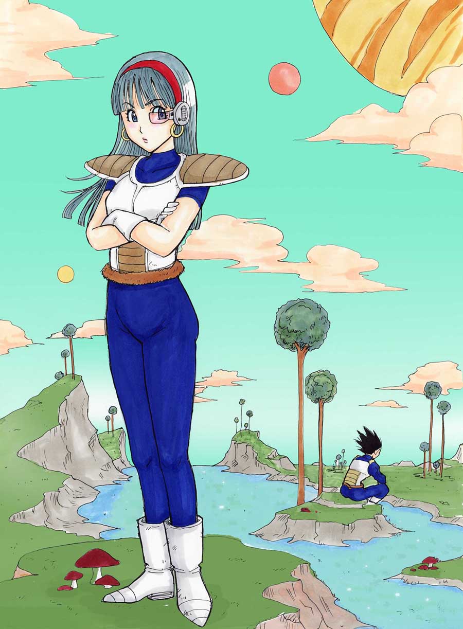 1boy 1girl armor black_hair blue_eyes blue_hair boots bra_(dragon_ball) crossed_arms dragon_ball dragon_ball_gt dragon_ball_z earrings father_and_daughter gloves hairband highres hoop_earrings jewelry long_hair scouter spiky_hair tail vegeta yrk_yuriko