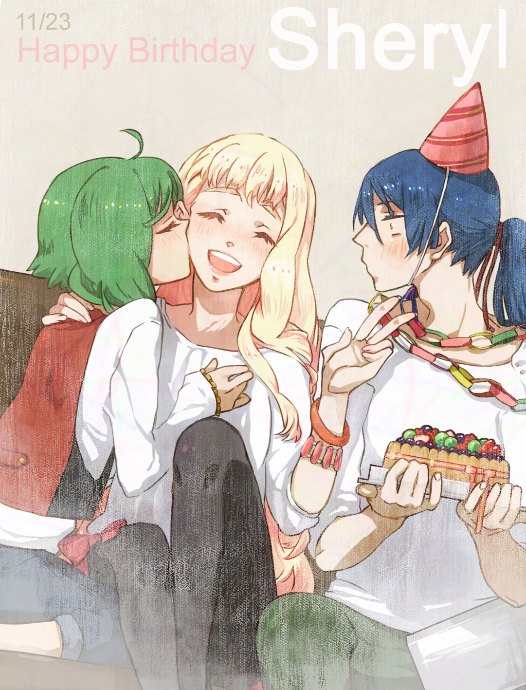 blonde_hair blue_hair blush bracelet cake casual closed_eyes food green_hair happy_birthday hat highres hug jewelry kiss kurage long_hair macross macross_frontier necklace open_mouth pantyhose pastry ponytail ranka_lee saotome_alto sheryl_nome short_hair smile surprise surprised v