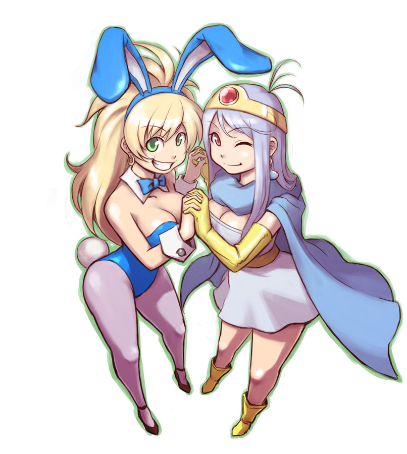 animal_ears blonde_hair blue_hair boots bunny_ears bunnysuit cape circlet dragon_quest dragon_quest_iii earrings elbow_gloves foreshortening gloves green_eyes hand_holding holding_hands jester_(dq3) jewelry long_hair multiple_girls nom pantyhose perspective rabbit_ears red_eyes sage_(dq3) slime wink