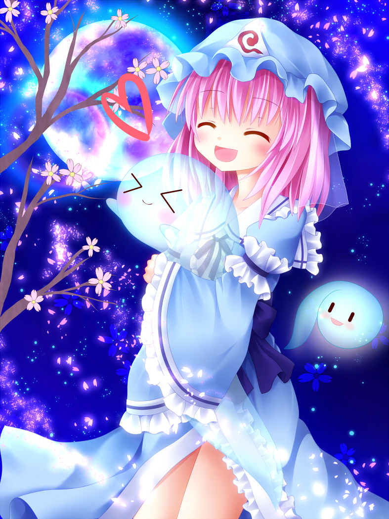 &gt;_&lt; 1girl blue_dress blush branch cherry_blossoms dress frills furomaaju_(fromage) ghost hat hug moon open_mouth pink_hair saigyouji_yuyuko short_hair smile touhou triangular_headpiece wide_sleeves