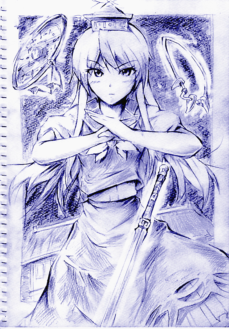 blue floating_object hat kamishirasawa_keine long_hair monochrome pose sword touhou traditional_media vent_arbre weapon