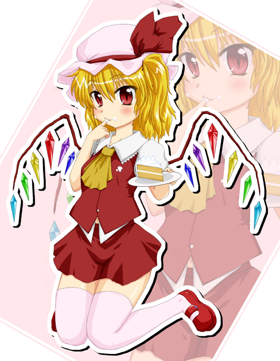 cake flandre_scarlet food hat pastry ponytail red_eyes sebasu sebasu_ka short_hair side_ponytail solo thigh-highs thighhighs touhou wings zoom_layer