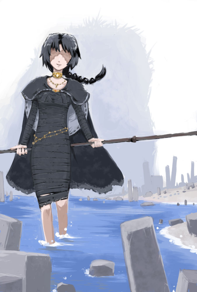 black_hair cape choker demon's_souls dress female long_hair maiden_in_black necklace ponytail simuro solo staff water