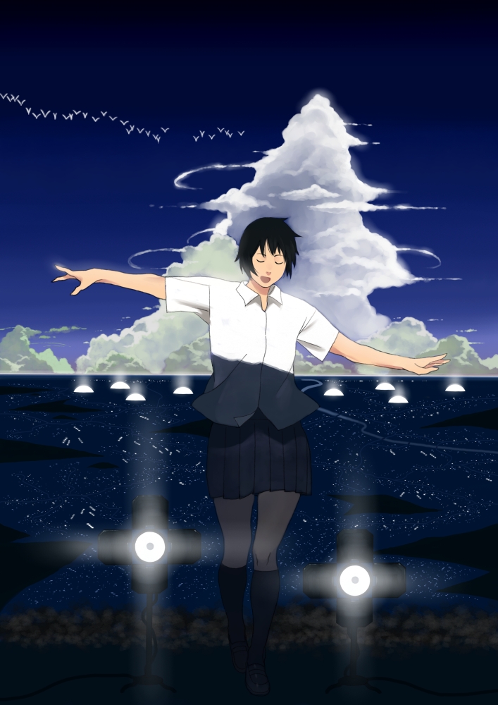 bird black_hair closed_eyes cloud clouds kneehighs lights original scenery shiira short_hair socks solo water