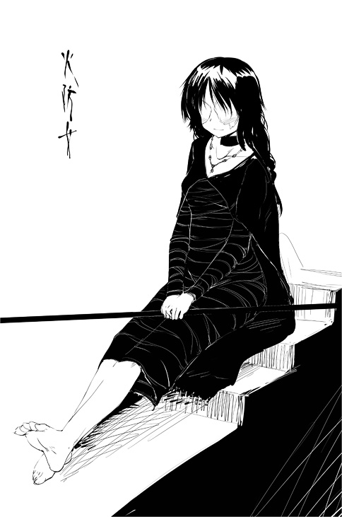 akahito_(artist) barefoot black_hair cape choker demon's_souls dress feet female long_hair maiden_in_black monochrome necklace sitting solo staff stairs