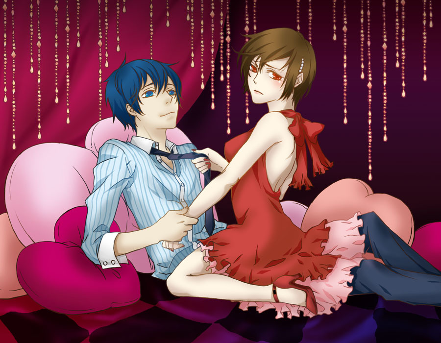 blue_hair brown_hair couple dress girl_on_top heart heart_pillow high_heels kaito meiko necktie pillow red_dress red_eyes sabo sabo_(srapenil) shoes short_hair smile vocaloid world_is_mine_(vocaloid)