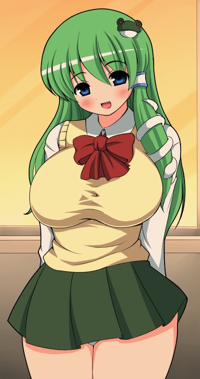 blue_eyes breasts frog green_hair hair_ornament huge_breasts kochiya_sanae kyokutou_hentai_samurai long_hair school_uniform snake touhou