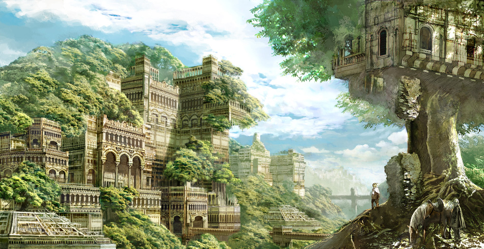 anesaki_dynamic castle cloud clouds fantasy horse original realistic scenery sky tree treehouse