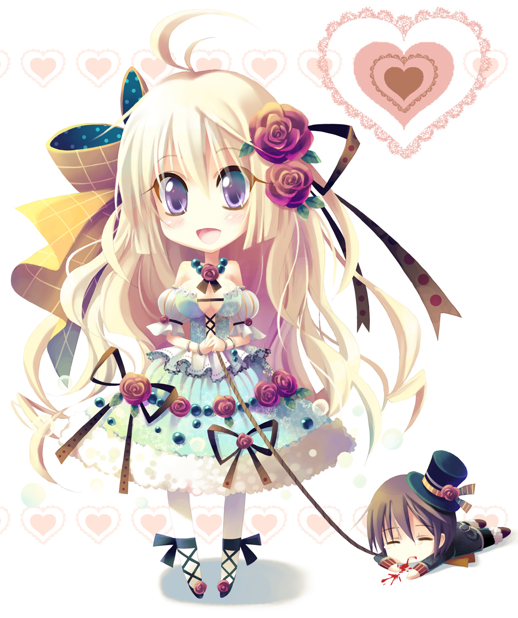 blonde_hair blood blue_eyes bow bracelet chibi corset detached_sleeves dress flower hair_bow hat heart highres jewelry long_hair lying mini_top_hat necklace nosebleed original ribbon rope top_hat yamadori_yoshitomo