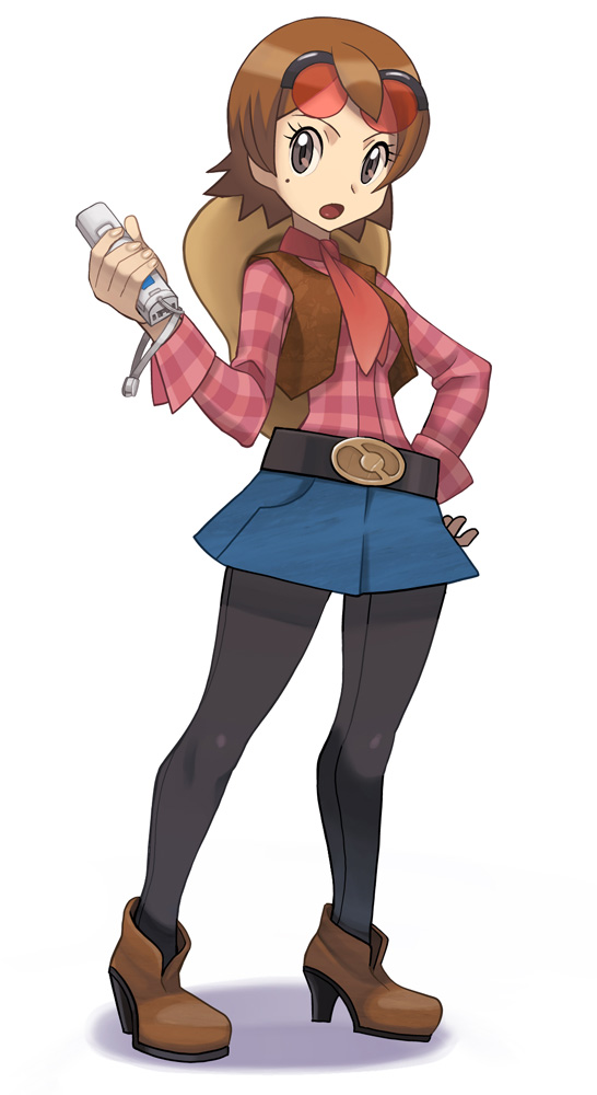 1girl boots brown_eyes brown_hair cow_girl cowboy_hat grey_eyes hand_on_hip hat high_heels legs mole open_mouth pantyhose pokemon ryunryun shadow shoes simple_background skirt sunglasses vest western wii wii_remote wiimote yukari_(pokemon)