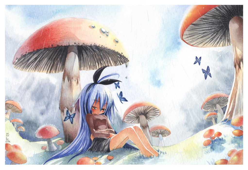 barefoot blue_hair bow butterfly emperpep feet grass hair_bow long_hair mushroom outside rain solo traditional_media watercolor_(medium) yellow_eyes