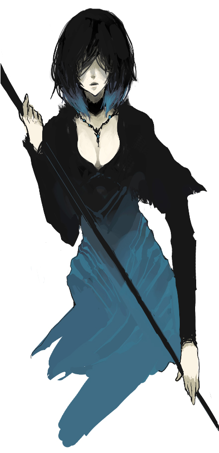 black_hair cleavage demon's_souls dress female hair_over_eyes isuzu maiden_in_black necklace short_hair solo staff